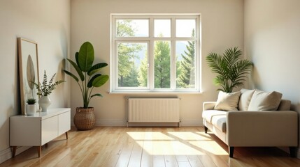 Fototapeta premium Serene living room interior design with sunlight streaming through large window, showcasing minimalist furniture and lush potted plants