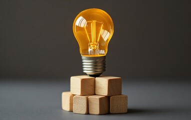 Bright yellow lightbulb atop wooden blocks