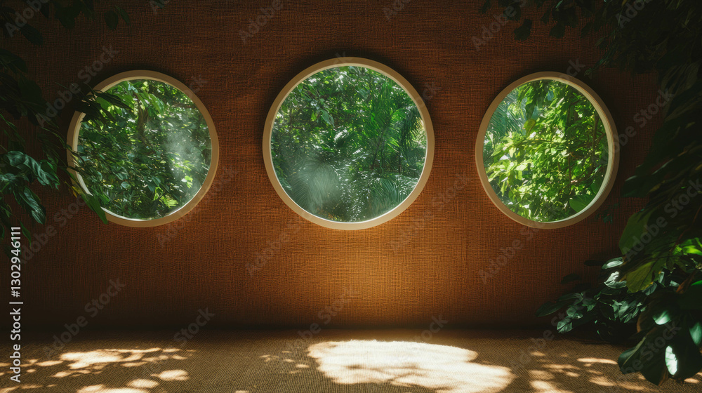 Poster tropical view through three circular windows in a cozy room setting