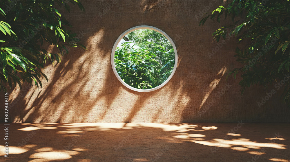 Poster circular window with lush greenery and shadows surrounded by white frames