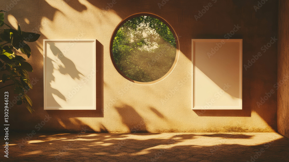 Poster minimalist composition with white frames and circular window in sunlit interior design