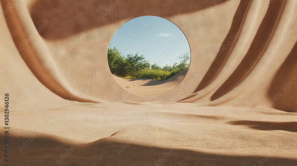 Aufkleber abstract desert landscape through circular openings with curved fabric design