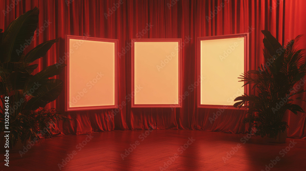 Poster Minimalistic display with three white frames on dramatic red background