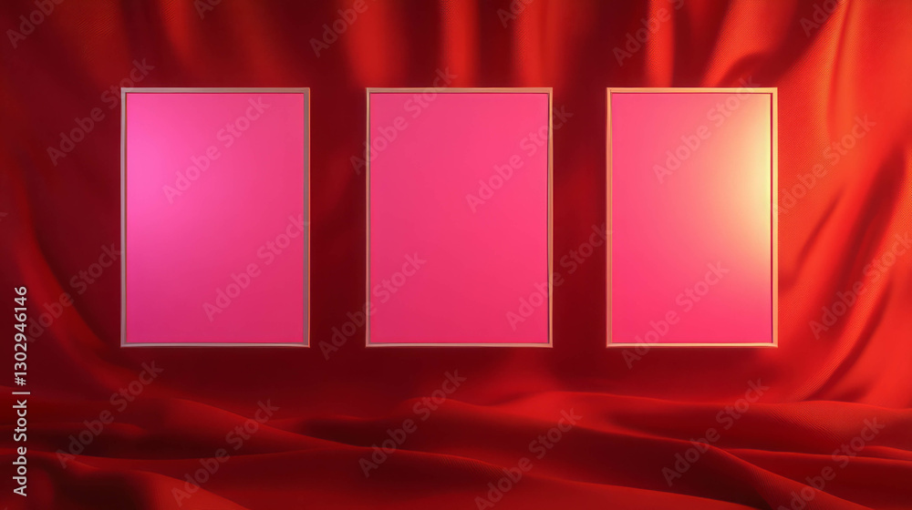 Poster Abstract red draped background with three white frames for modern art display
