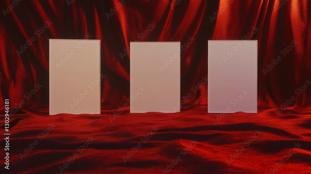 Poster minimalistic white frames on elegant red fabric background for artistic display