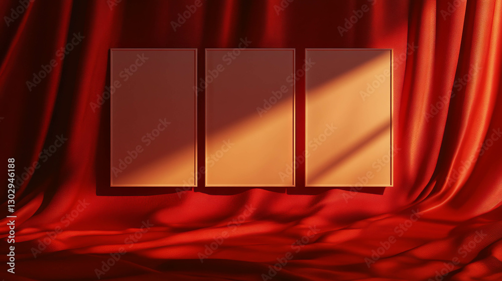 Aufkleber modern art display with three white frames on vibrant red fabric background