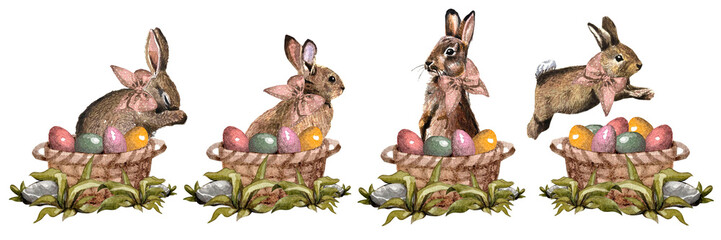 Vector freehand watercolor easter bunny set isolated on white background. Hand drawn collection watercolour brown rabbits, egg,  spring bunnies cute fluffy pet, farmhouse animal. For design