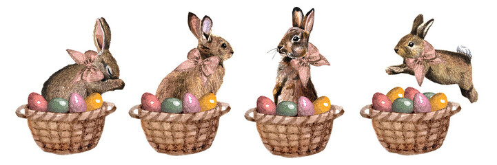 Vector freehand watercolor easter bunny set isolated on white background. Hand drawn collection watercolour brown rabbits, egg,  spring bunnies cute fluffy pet, farmhouse animal. For design