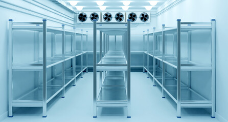Refrigeration room with empty shelves. Industrial refrigerator. Freezing warehouse. Empty refrigerator compartment. Refrigerator with air conditioning units on wall. Refrigerated warehouse. 3d image
