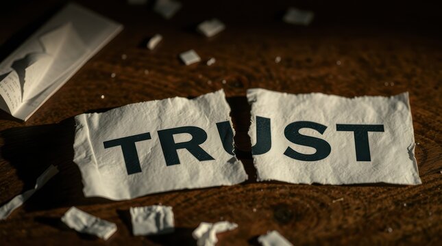 Broken Trust: Torn paper with the word "TRUST", symbolizing lost faith and broken relationships.