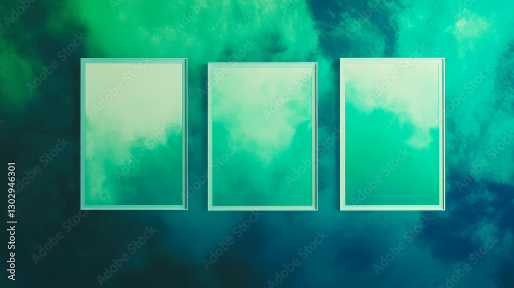 Poster Abstract art display with three white frames on a teal and green cloudy background