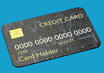 Credit card. Banking product for digital payments. Black credit card with cyber pattern. Bank card with NFC chip isolated. Template for loan product with zeros instead of number. 3d image