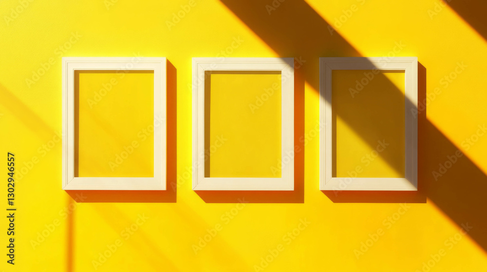Poster minimalist display with three white frames on vibrant yellow background for interior design