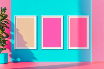 Vibrant minimalist interior design with three white frames on colorful wall for modern art display