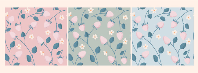 Rosa strawberry seamless pattern with leaves and flowers on blue, pink and black background
