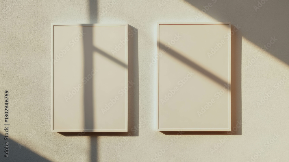 Poster minimalist art display with two white frames on beige wall