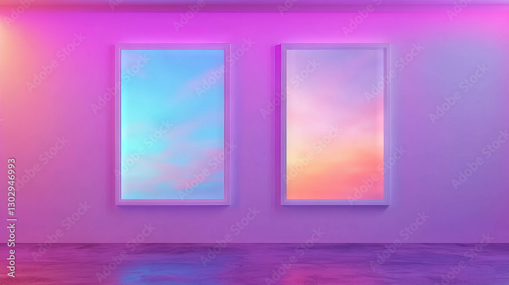 Poster modern art display with two white frames on gradient wall, ideal for interior design