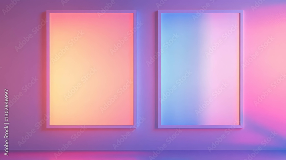 Poster modern art display with two white frames on colorful gradient wall