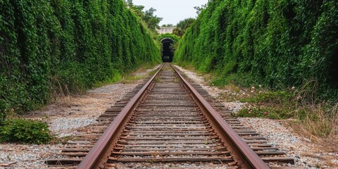 A tranquil view of a rail track surrounded by lush greenery, leading into the distance, evoking a sense of adventure and exploration.