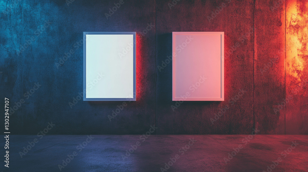Poster Modern art display with two white frames on textured wall in ambient lighting