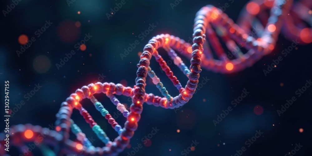 Poster close-up view of a glowing dna helix strand, showcasing its intricate double helix structure and vib