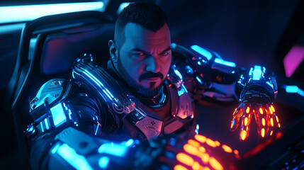 Cyberpunk hacker using digital technology with neon electronics and computer keyboard