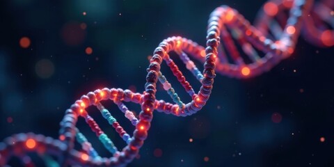 Close-up view of a glowing DNA helix strand, showcasing its intricate double helix structure and vibrant color palette.