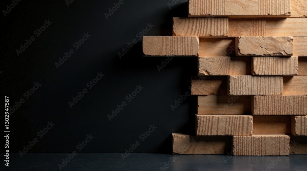 Poster abstract composition of stacked wooden blocks against a dark background