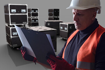Man sound engineer near boxes with musical equipment. ATA boxes on wheels behind worker. Man with papers near shockproof delivery containers. Concentrated worker on gray. ATA briefcases. PLY cases