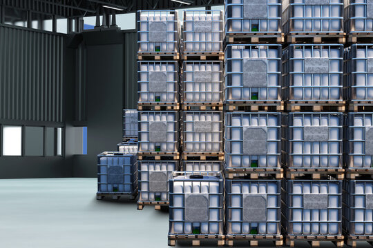 IBC tanks inside industrial building. Plastic containers for storing and transporting liquids. IBC protected by metal bars inside hangar. White tanks for delivering liquids. 3d image