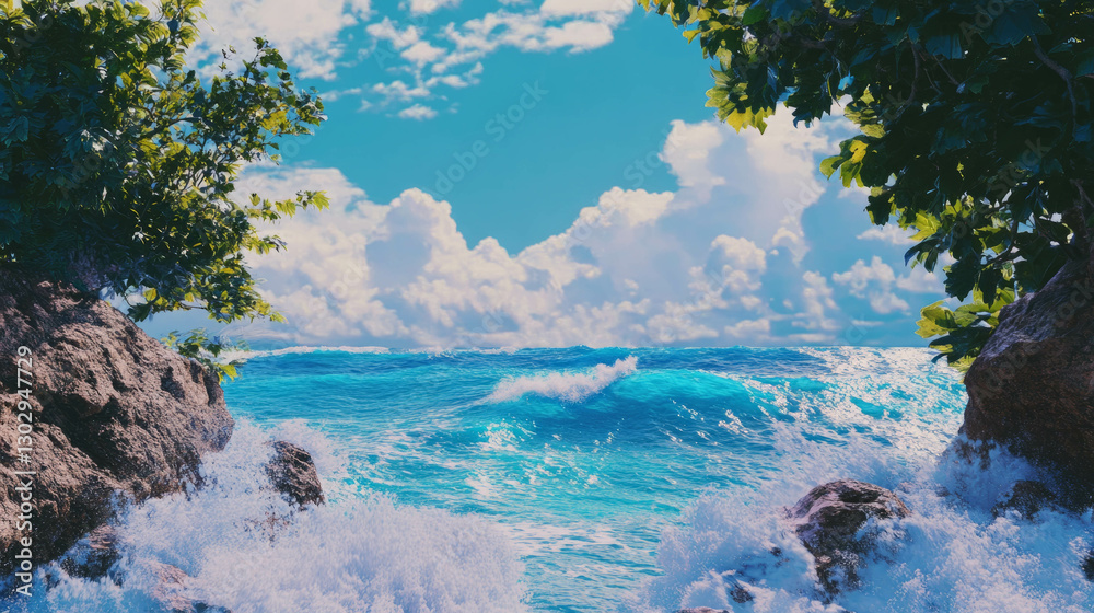 Poster scenic view from a cliff overlooking a tropical island with lush trees and vibrant ocean waves