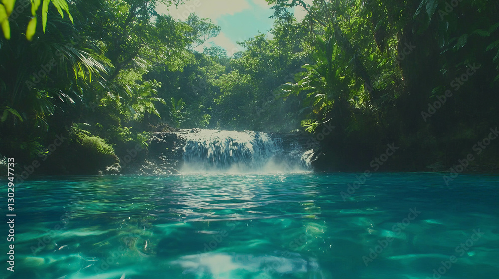 Poster serene view of hidden waterfall cascading into pristine pool surrounded by lush greenery