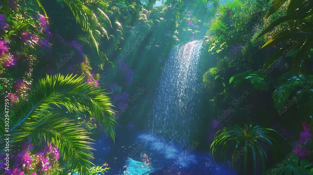 Poster tranquil hidden waterfall cascading into lush jungle pool