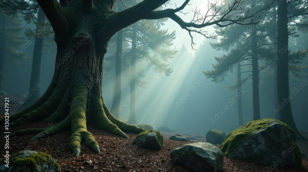 Poster ancient tree in a misty forest, sunlight streaming through the branches, moss-covered roots and rock