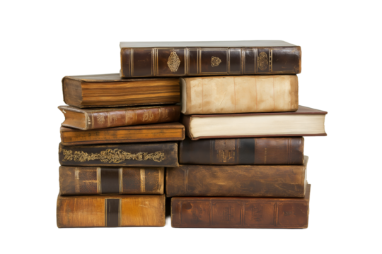 A stack of vintage books, knowledge and wisdom, waiting to be explored, isolated on white background.