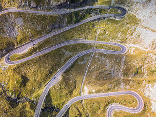 Aerial view of the spectacular curves of the Transfagarasan road in Romania in summer.