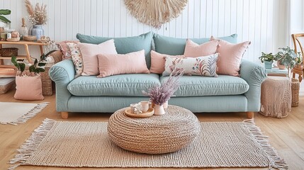 A tranquil canvas of soft pastel hues, where a gentle transition from peachy beige to a soothing lavender wash unfurls, offering a serene and inviting atmosphere, perfect for a calming and inviting 