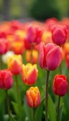 Fototapeta premium Vibrant spring tulips in full bloom, diverse colors , purple, flowers, red