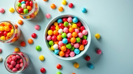 A Colorful Assortment of Sweet Candies in Jars and a Bowl on a Light Blue Background