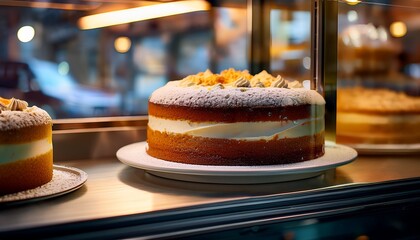 give me a hyper realist stock photo of a cake on a plate in the window of a bakery