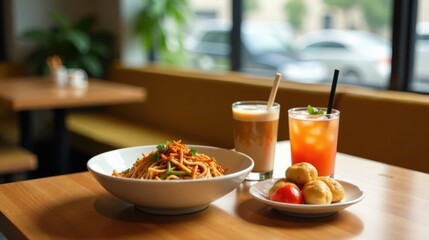 A delightful meal pasta with a spicy sauce, accompanied by refreshing iced tea and coffee, and a side of fried dough balls.