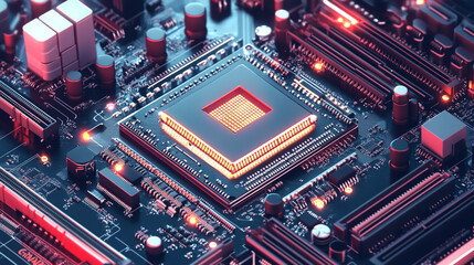 Fototapeta premium Close up View of Illuminated Computer Motherboard with CPU Circuitry and Components