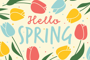 hello spring text with colorful tulips; ideal for seasonal greeting cards, social media posts, banners, invitations, and spring-themed designs- vector illustration