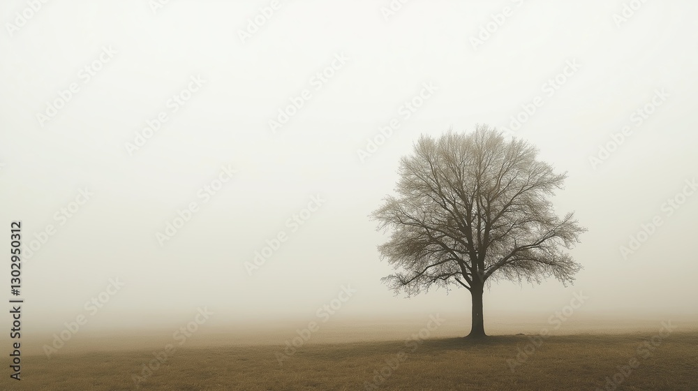 Poster a single tree standing alone in a vast foggy landscape