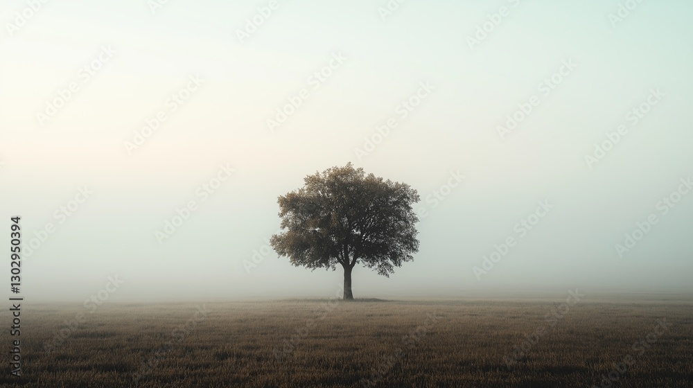 Poster a single tree standing alone in a vast foggy landscape