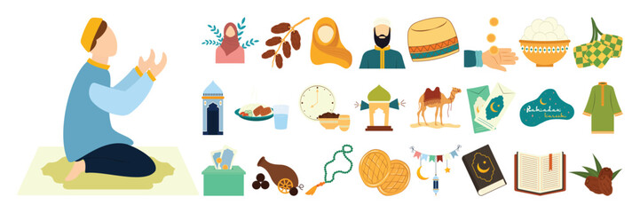 Symbols of Ramadan and Islamic Traditions. Flat Illustration Set