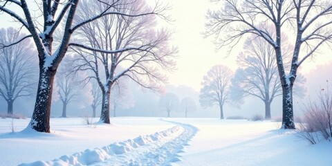 Fototapeta premium Serene Winter Wonderland Snow-Covered Path Winding Through a Frosty Forest of Leafless Trees at Dawn