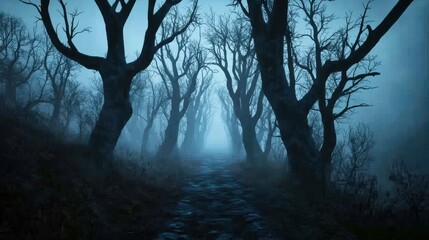 A dark, foggy path winds through a forest of bare trees, creating an eerie and mysterious atmosphere.