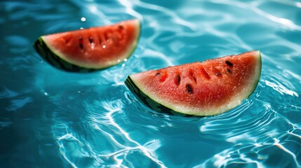 Floating watermelon slices create a refreshing and vibrant contrast against the turquoise water in a tranquil pool setting