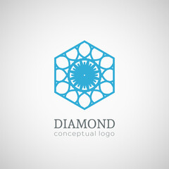 Diamond logo top view. Vector linear hexagonal emblem